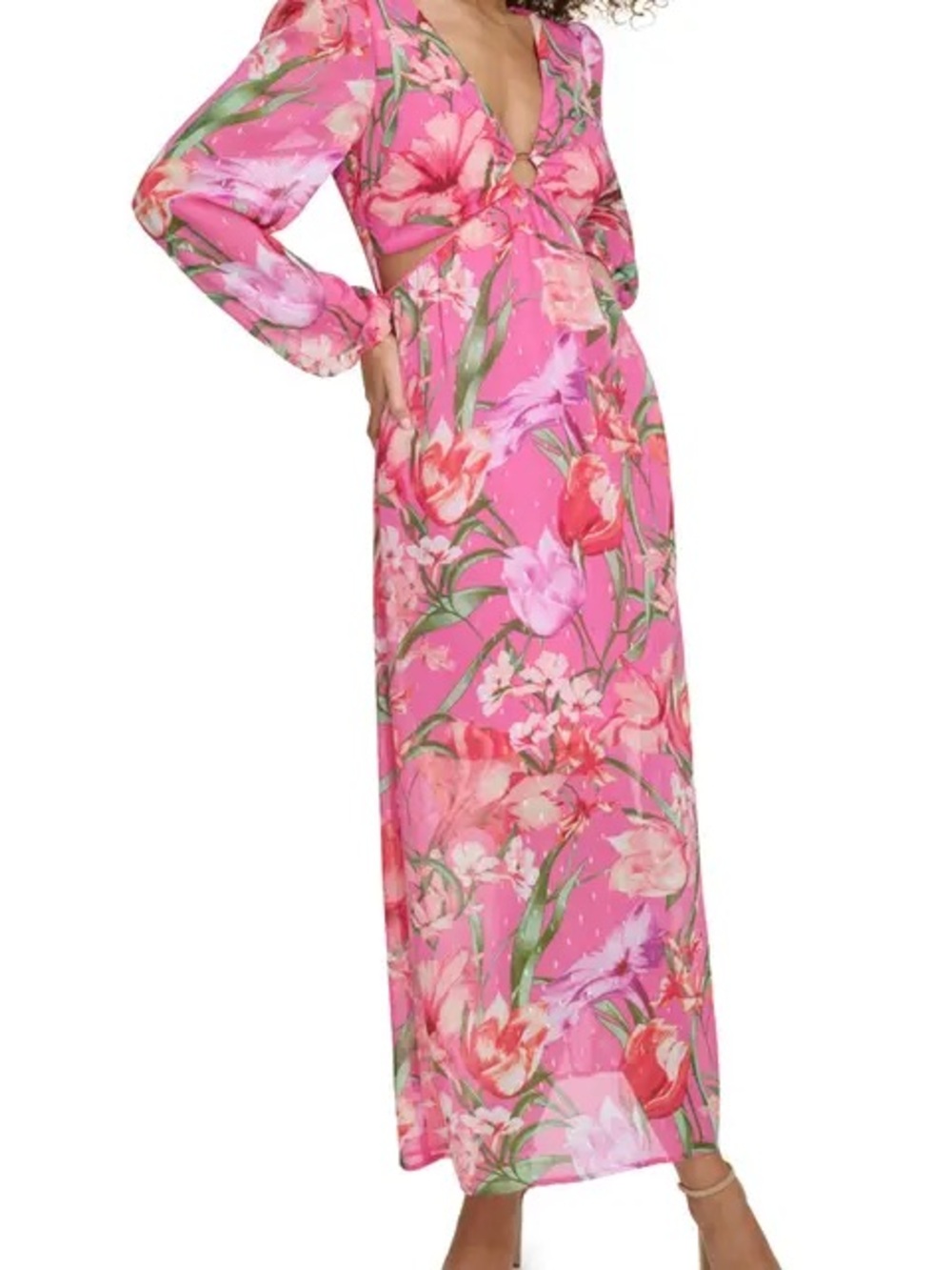 Pink Floral Midi Dress with Front Ring and Cutout Details